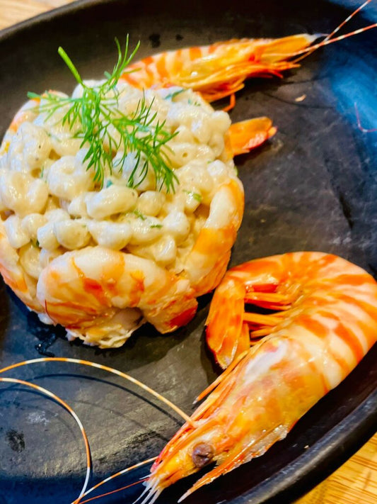 Coquillettes Chiron et Fils avec crème de tarama à l'aneth et crevettes sauvages